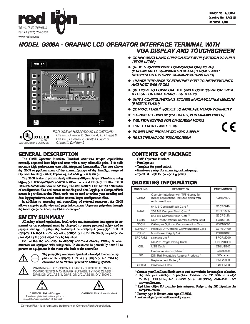 First Page Image of G308A000 Red Lion G308A Product Manual -  G308A-E.pdf